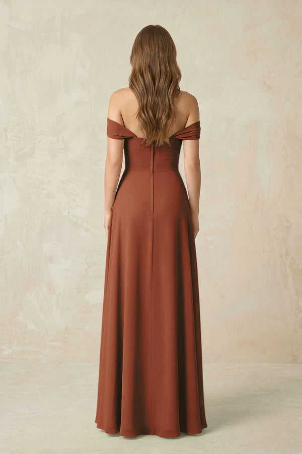Terracotta Off-the-Shoulder A-Line Chiffon Pleated Bridesmaid Dress (2) | KISSBRIDAL