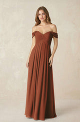 Terracotta Off-the-Shoulder A-Line Chiffon Pleated Bridesmaid Dress | KISSBRIDAL