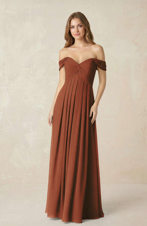 Terracotta Off-the-Shoulder A-Line Chiffon Pleated Bridesmaid Dress | KISSBRIDAL