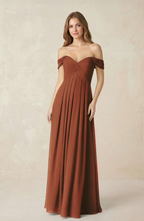 Terracotta Off-the-Shoulder A-Line Chiffon Pleated Bridesmaid Dress | KISSBRIDAL