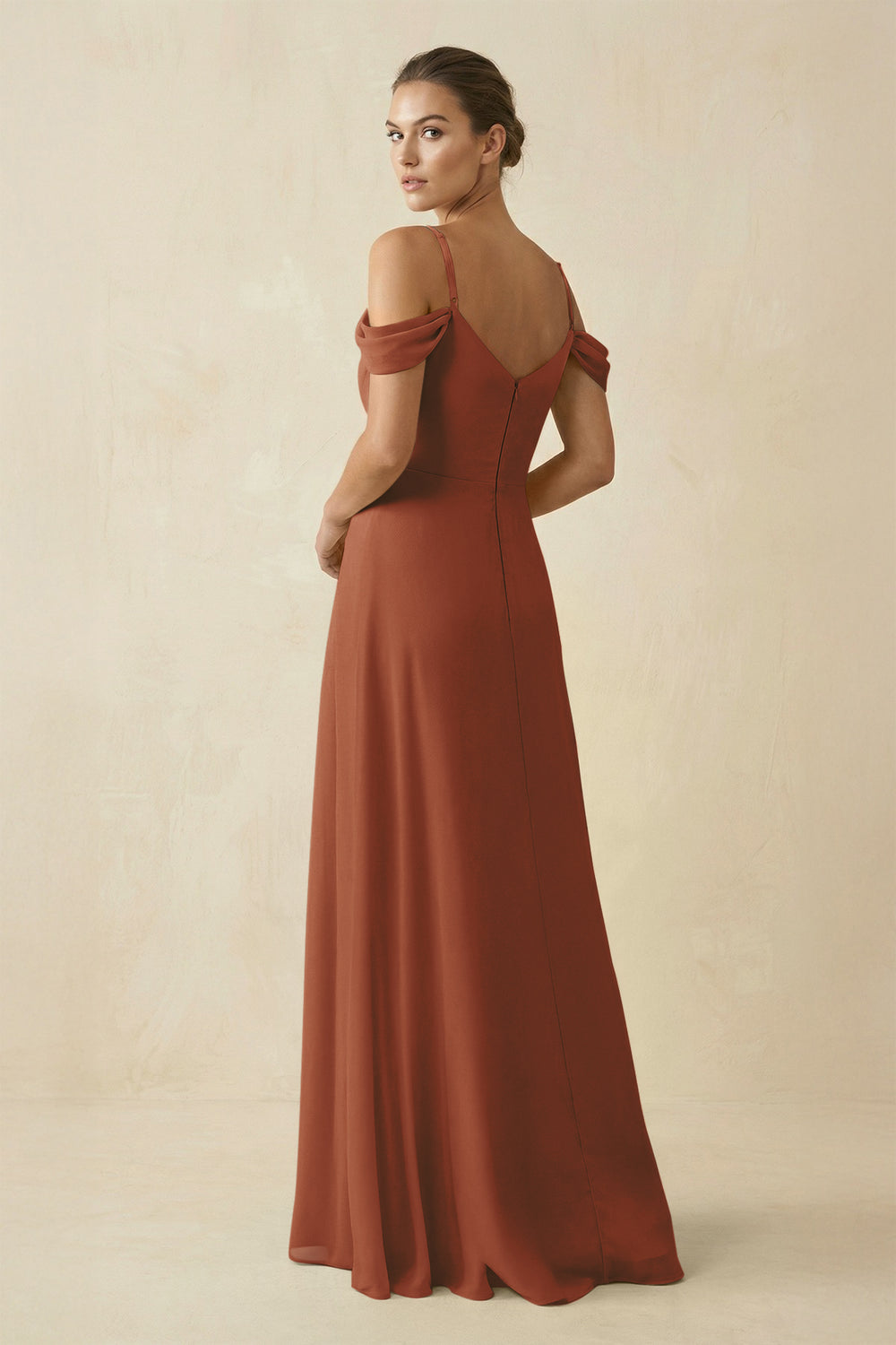 Off-the-Shoulder A-Line Pleated Chiffon Bridesmaid Gown in Terracotta