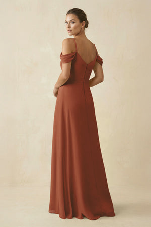 Terracotta Off-the-Shoulder A-Line Pleated Chiffon Bridesmaid Gown (2) | KISSBRIDAL