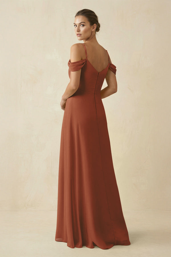 Terracotta Off-the-Shoulder A-Line Pleated Chiffon Bridesmaid Gown (2) | KISSBRIDAL