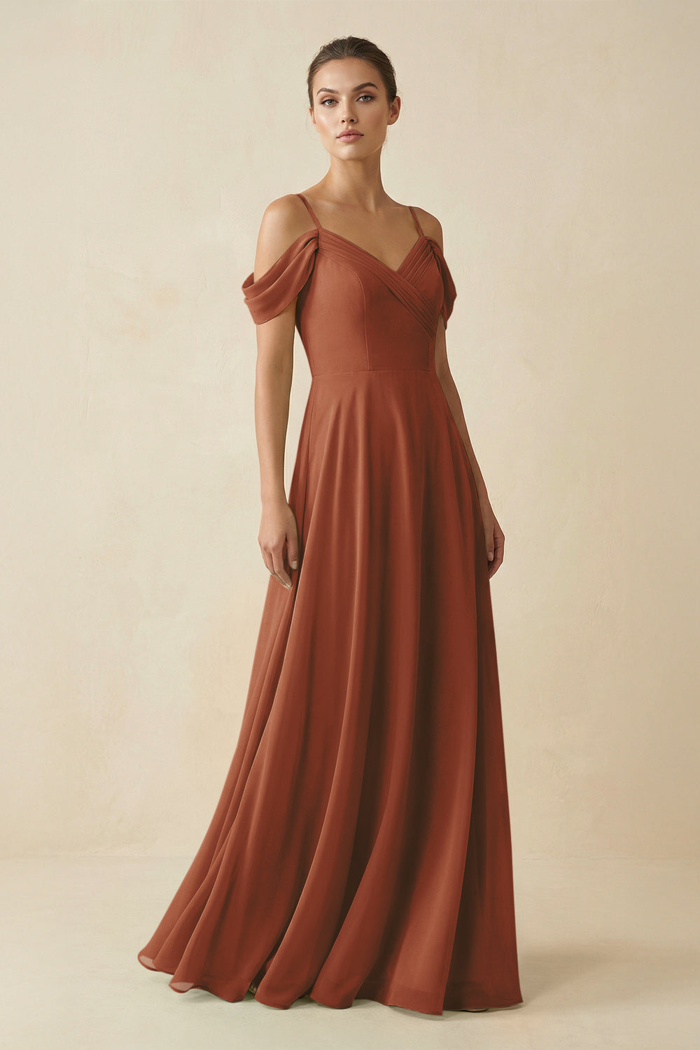 Off-the-Shoulder A-Line Pleated Chiffon Bridesmaid Gown in Terracotta