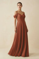 Terracotta Off-the-Shoulder A-Line Pleated Chiffon Bridesmaid Gown | KISSBRIDAL