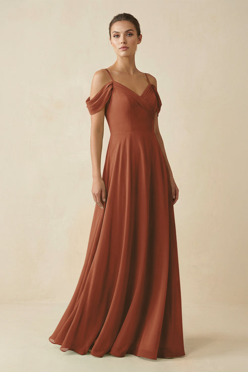 Terracotta Off-the-Shoulder A-Line Pleated Chiffon Bridesmaid Gown | KISSBRIDAL