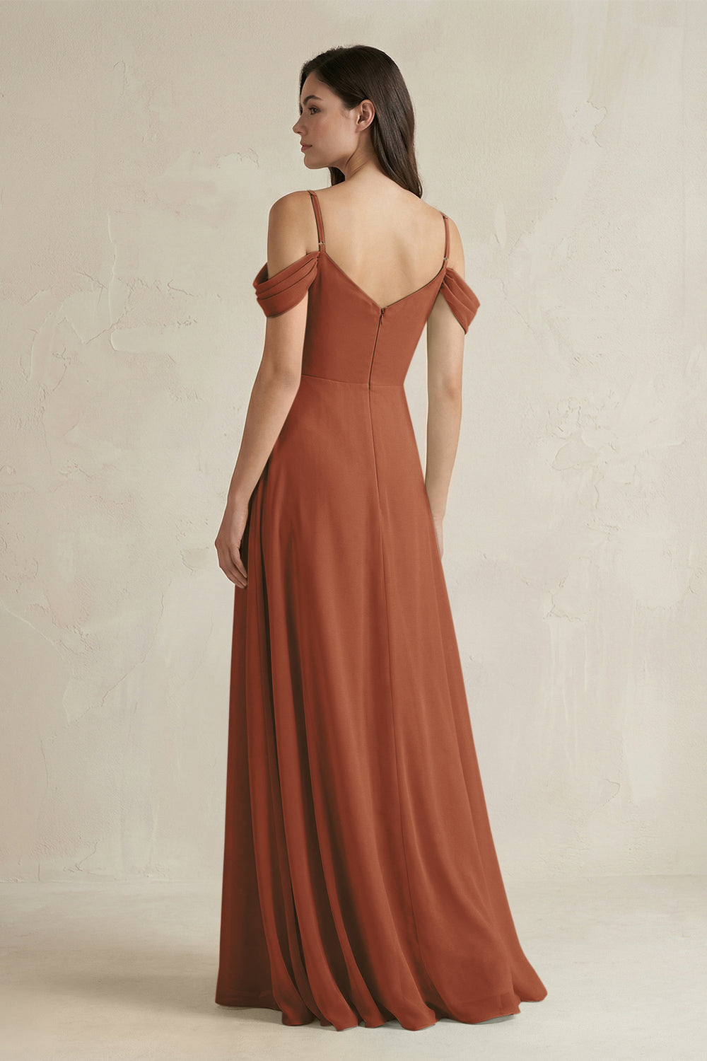 Off-the-Shoulder Chiffon A-Line Bridesmaid Dress in Terracotta