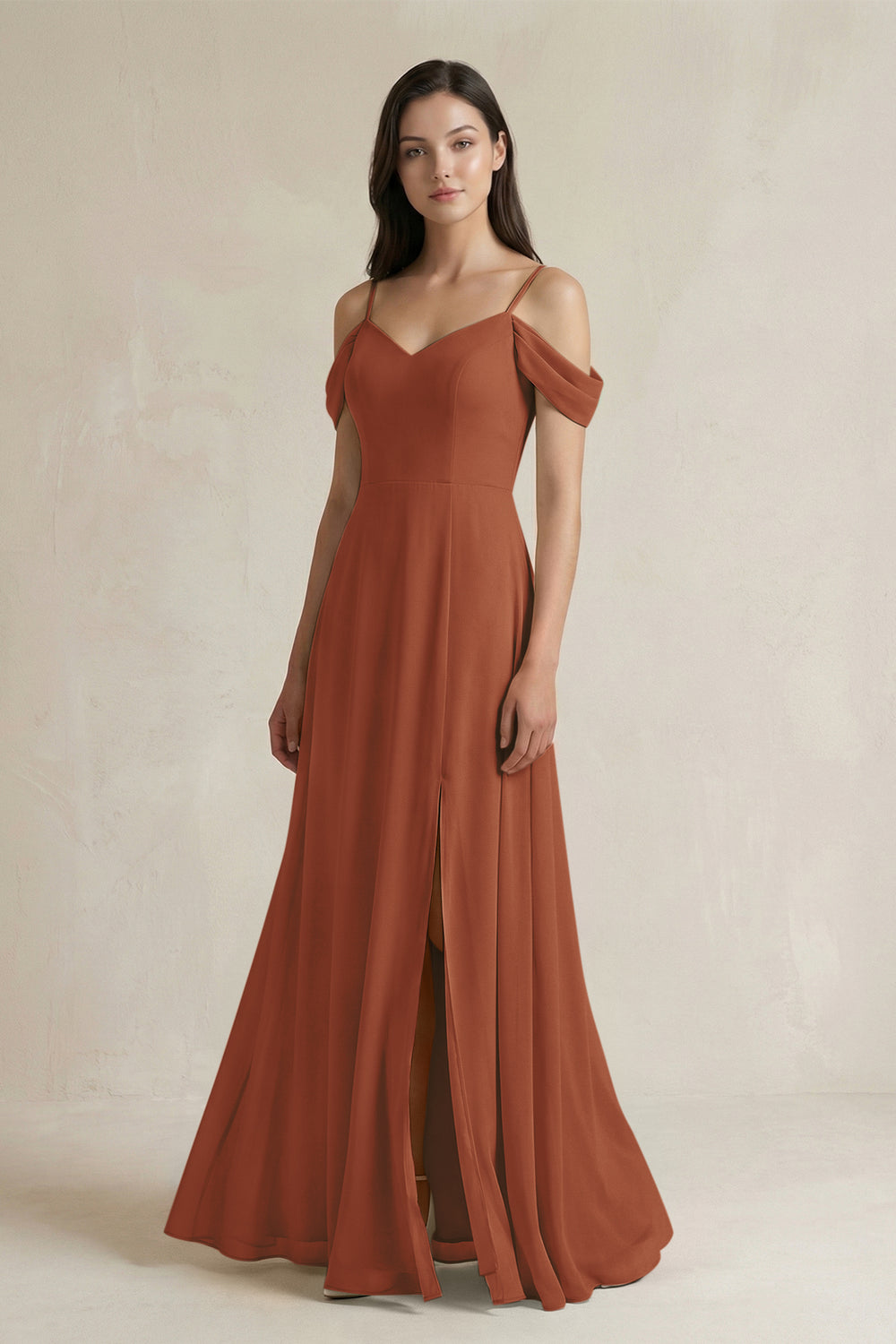 Off-the-Shoulder Chiffon A-Line Bridesmaid Dress in Terracotta