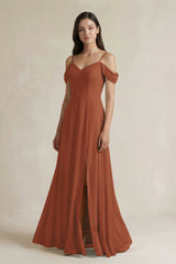 Terracotta Off-the-Shoulder Chiffon A-Line Bridesmaid Dress | KISSBRIDAL