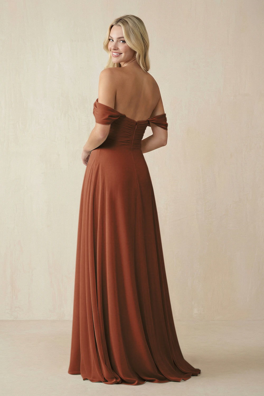 Off-the-Shoulder Chiffon A-Line Long Bridesmaid Dress in Terracotta