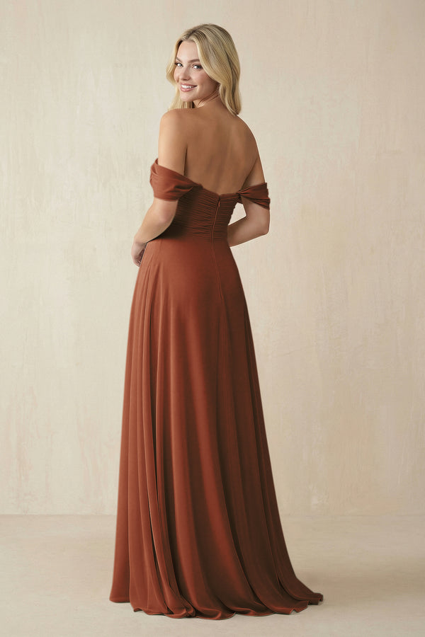 Terracotta Off-the-Shoulder Chiffon A-Line Long Bridesmaid Dress (2) | KISSBRIDAL