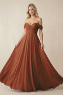 Terracotta Off-the-Shoulder Chiffon A-Line Long Bridesmaid Dress | KISSBRIDAL