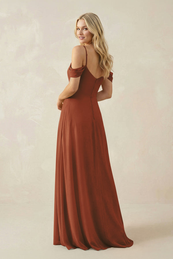Terracotta Off-the-Shoulder Chiffon A-Line Maxi Bridesmaid Dress (2) | KISSBRIDAL
