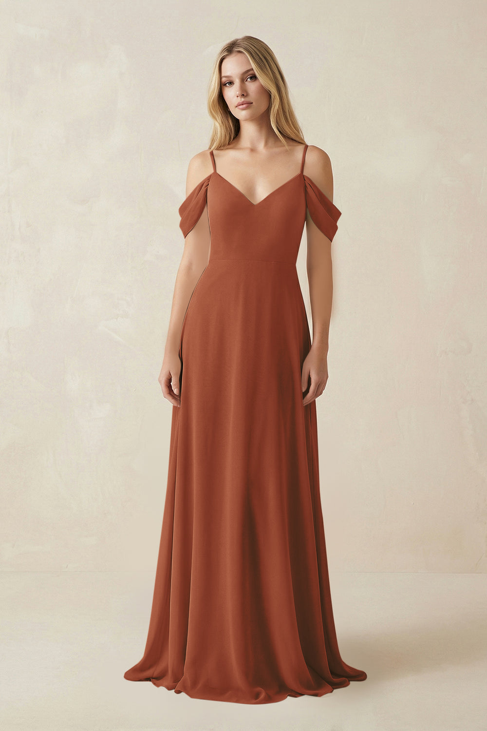 Off-the-Shoulder Chiffon A-Line Maxi Bridesmaid Dress in Terracotta