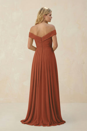 Terracotta Off-the-Shoulder Pleated A-Line Chiffon Bridesmaid Dress (2) | KISSBRIDAL