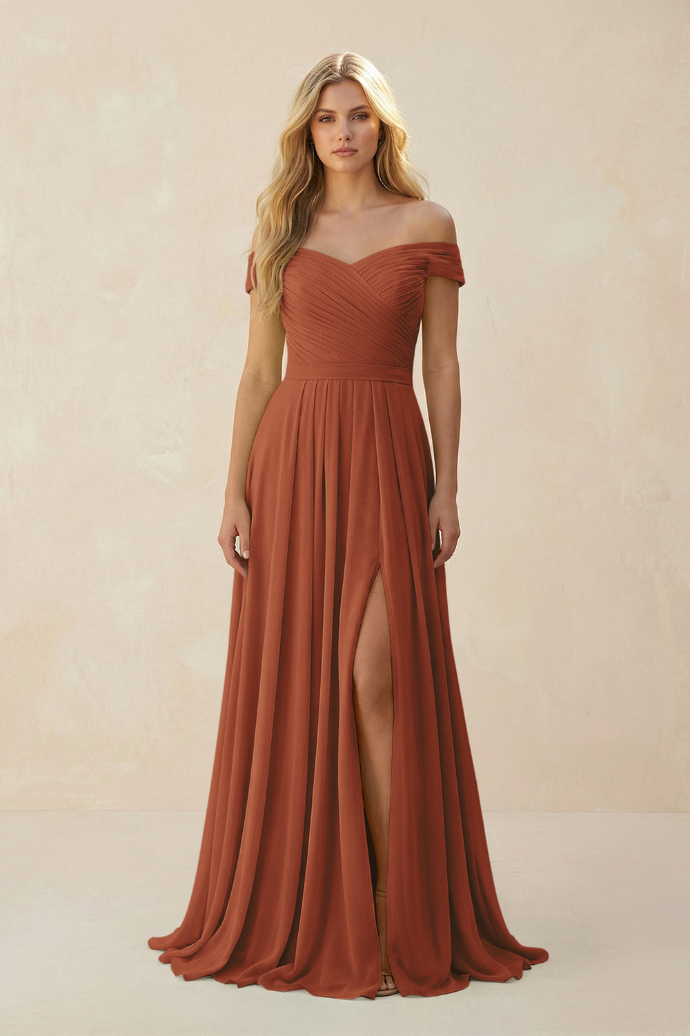 Off-the-Shoulder Pleated A-Line Chiffon Bridesmaid Dress in Terracotta
