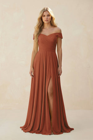 Terracotta Off-the-Shoulder Pleated A-Line Chiffon Bridesmaid Dress | KISSBRIDAL