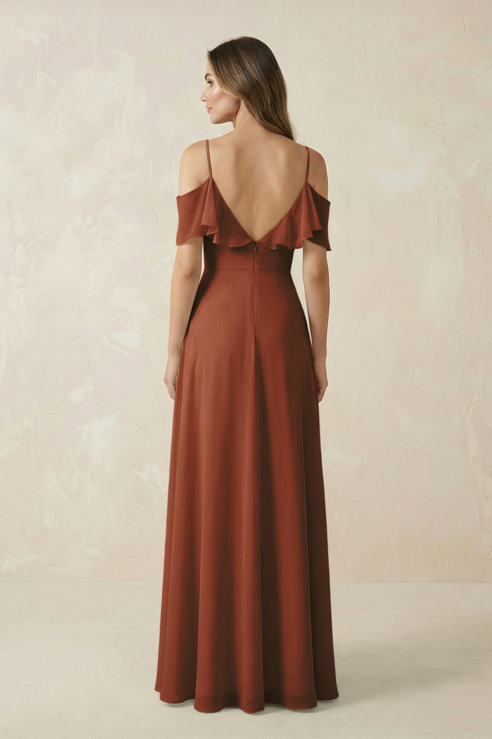 Off-the-Shoulder Ruffled A-Line Chiffon Bridesmaid Dress in Terracotta