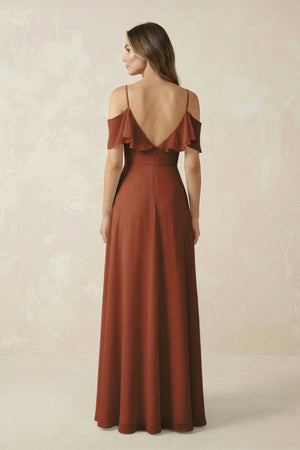 Terracotta Off-the-Shoulder Ruffled A-Line Chiffon Bridesmaid Dress (2) | KISSBRIDAL