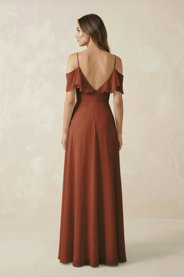 Terracotta Off-the-Shoulder Ruffled A-Line Chiffon Bridesmaid Dress (2) | KISSBRIDAL