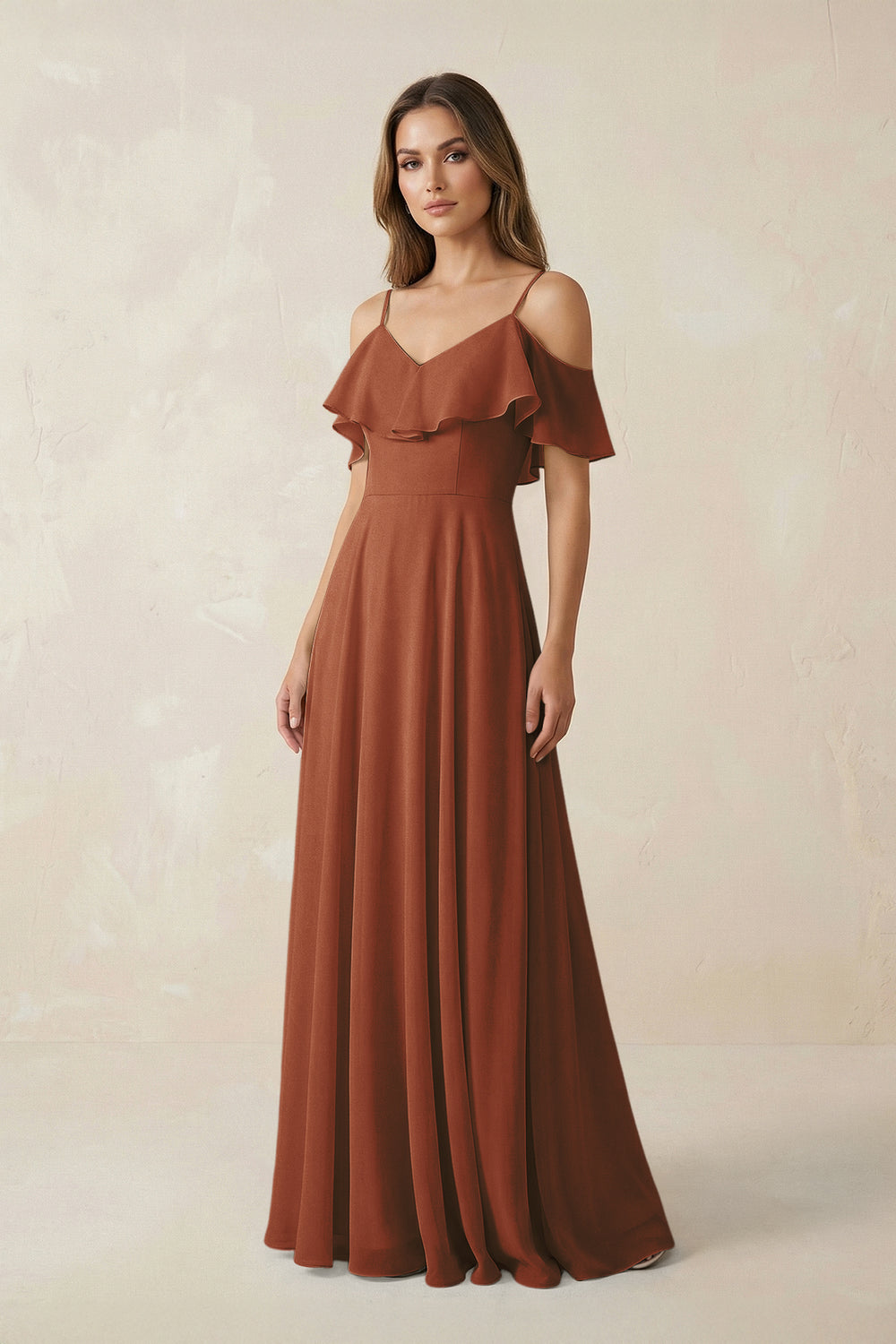 Off-the-Shoulder Ruffled A-Line Chiffon Bridesmaid Dress in Terracotta