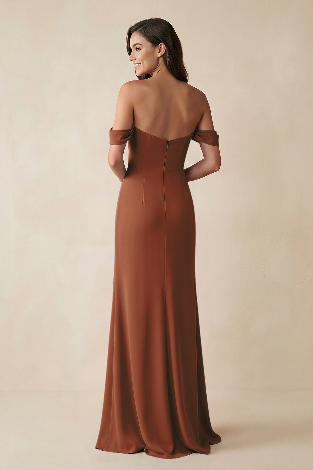 Off-the-Shoulder Sheath Bridesmaid Dress with Slit in Terracotta