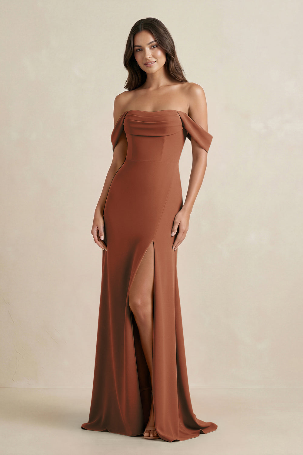 Off-the-Shoulder Sheath Bridesmaid Dress with Slit in Terracotta