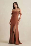 Terracotta Off-the-Shoulder Sheath Bridesmaid Dress with Slit | KISSBRIDAL