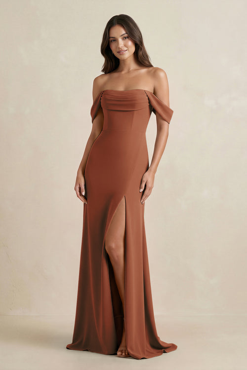 Terracotta Off-the-Shoulder Sheath Bridesmaid Dress with Slit | KISSBRIDAL
