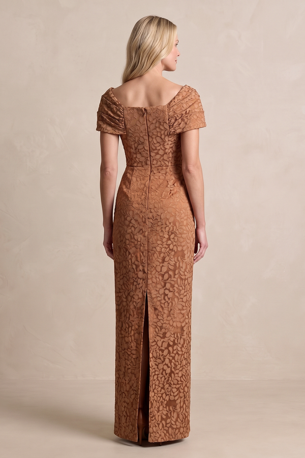 Terracotta Off-the-Shoulder Sheath Jacquard Mother of the Bride Dress (2) | KISSBRIDAL