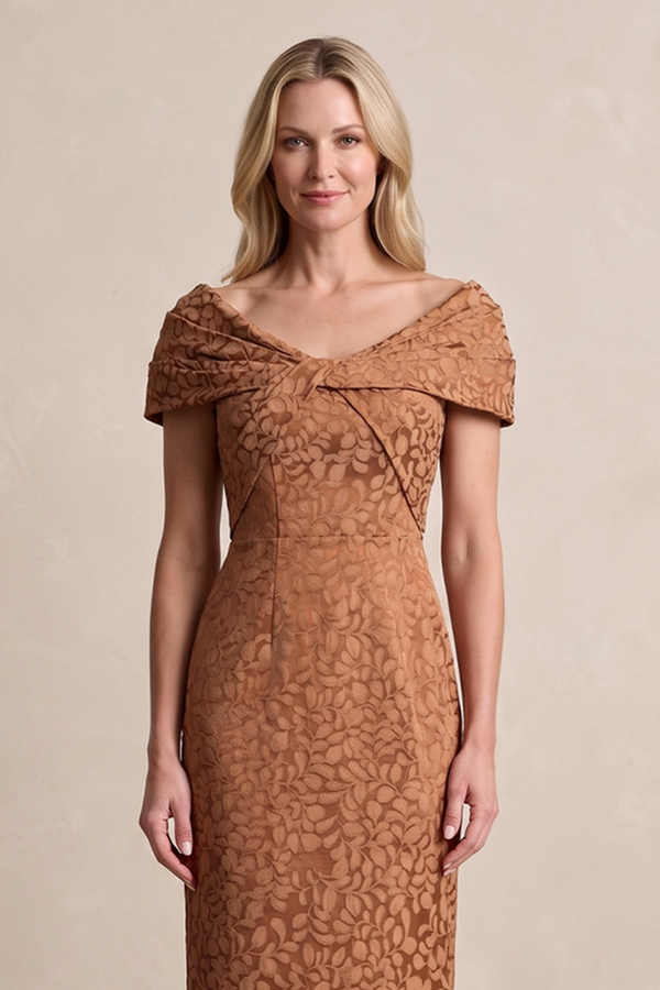 Terracotta Off-the-Shoulder Sheath Jacquard Mother of the Bride Dress (3) | KISSBRIDAL