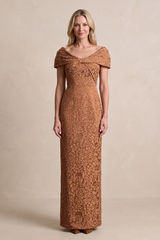 Terracotta Off-the-Shoulder Sheath Jacquard Mother of the Bride Dress | KISSBRIDAL