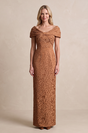 Terracotta Off-the-Shoulder Sheath Jacquard Mother of the Bride Dress | KISSBRIDAL
