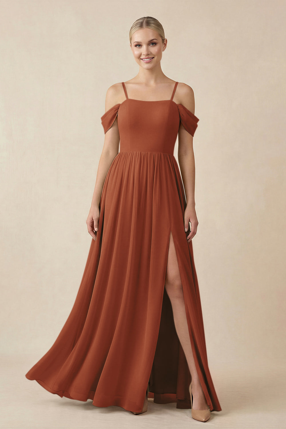 Off-the-Shoulder Sweetheart A-Line Chiffon Bridesmaid Dress in Terracotta