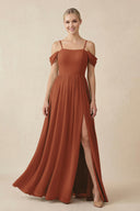 Terracotta Off-the-Shoulder Sweetheart A-Line Chiffon Bridesmaid Dress | KISSBRIDAL