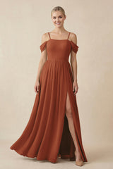 Terracotta Off-the-Shoulder Sweetheart A-Line Chiffon Bridesmaid Dress | KISSBRIDAL