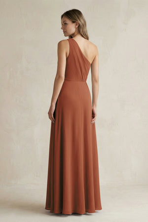 Terracotta One-Shoulder Chiffon A-Line Bridesmaid Dress With Slit (2) | KISSBRIDAL