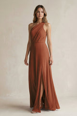 Terracotta One-Shoulder Chiffon A-Line Bridesmaid Dress With Slit | KISSBRIDAL