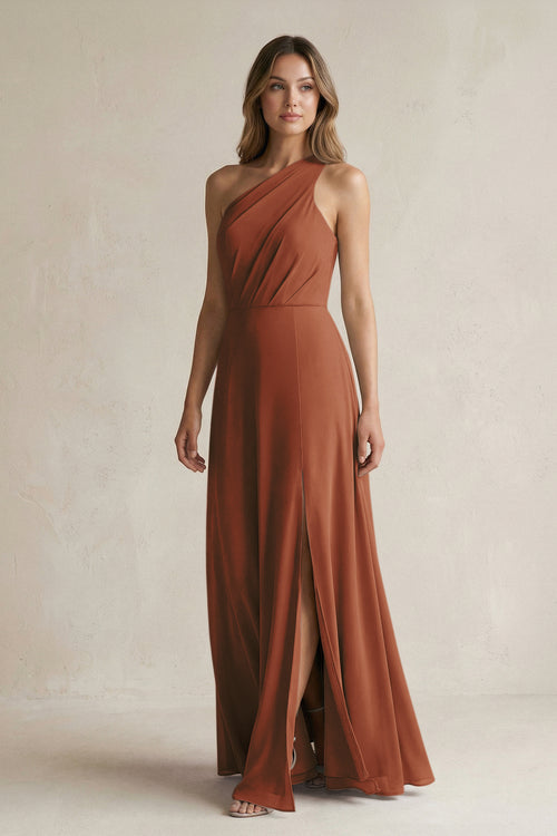 Terracotta One-Shoulder Chiffon A-Line Bridesmaid Dress With Slit | KISSBRIDAL