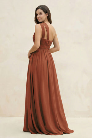 Terracotta One-Shoulder Pleated A-Line Chiffon Bridesmaid Dress (2) | KISSBRIDAL