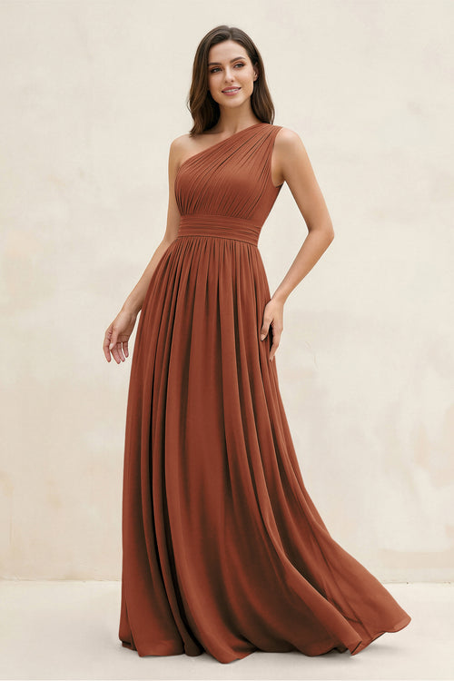 Terracotta One-Shoulder Pleated A-Line Chiffon Bridesmaid Dress | KISSBRIDAL