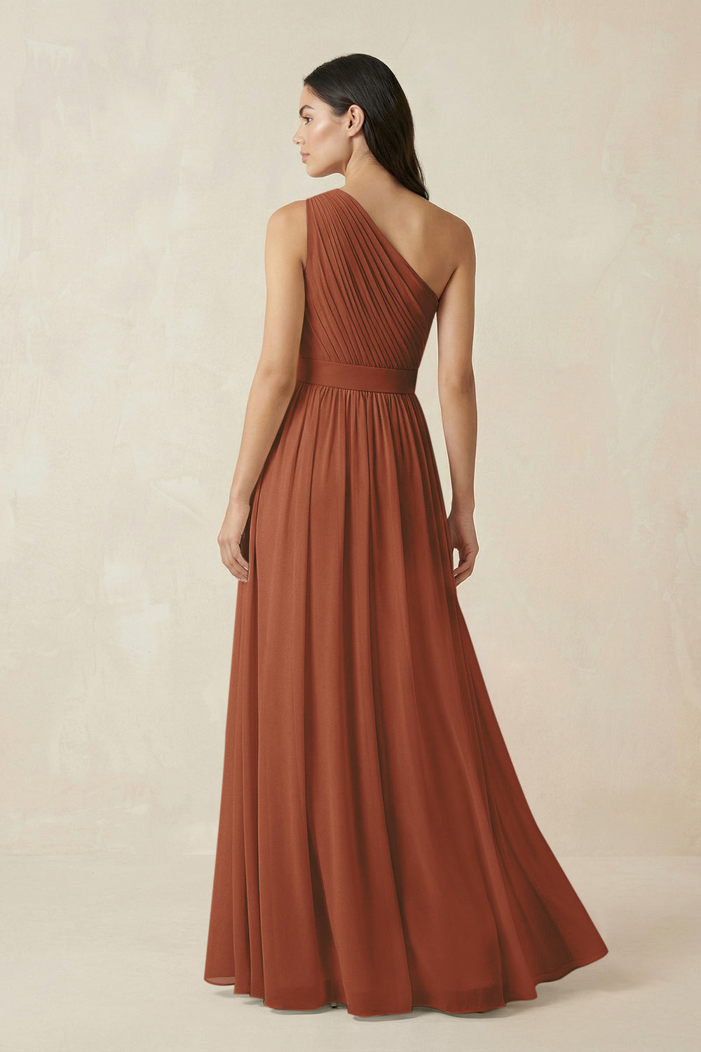 One-Shoulder Pleated Chiffon Bridesmaid Gown in Terracotta