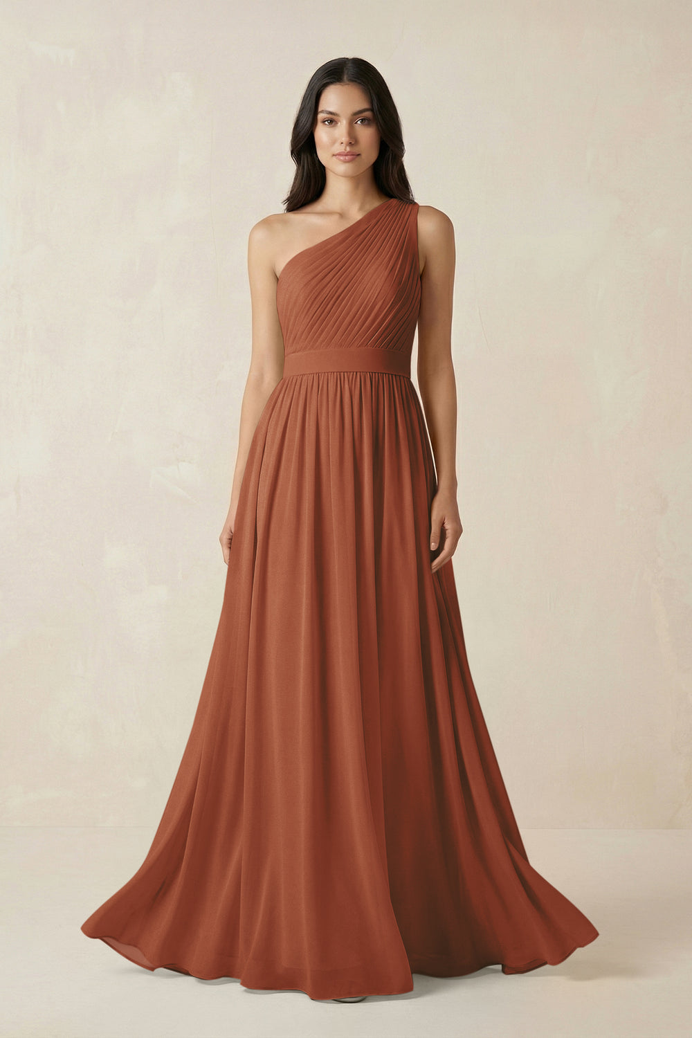 One-Shoulder Pleated Chiffon Bridesmaid Gown in Terracotta