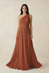 Terracotta One-Shoulder Pleated Chiffon Bridesmaid Gown | KISSBRIDAL