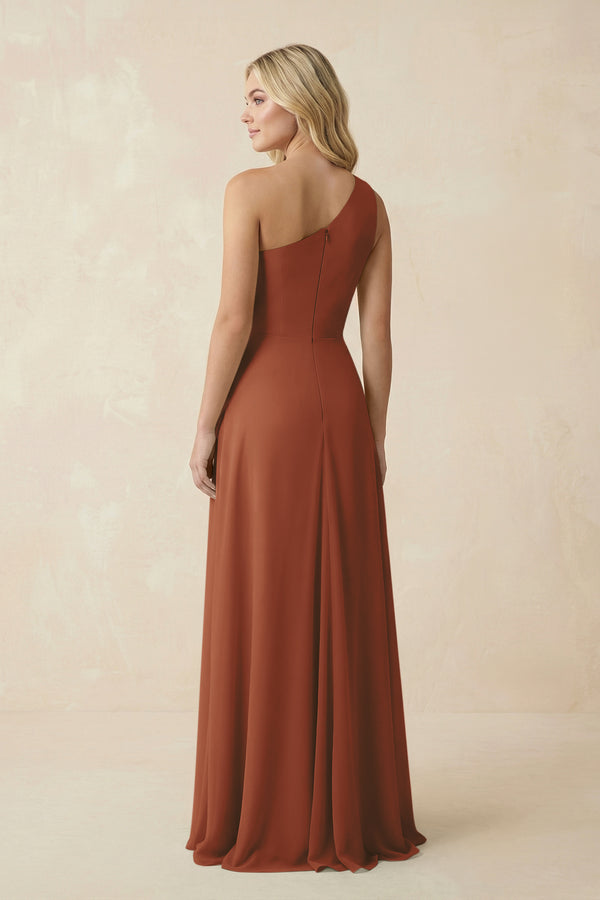 Terracotta One-Shoulder Ruched A-Line Chiffon Bridesmaid Dress (2) | KISSBRIDAL