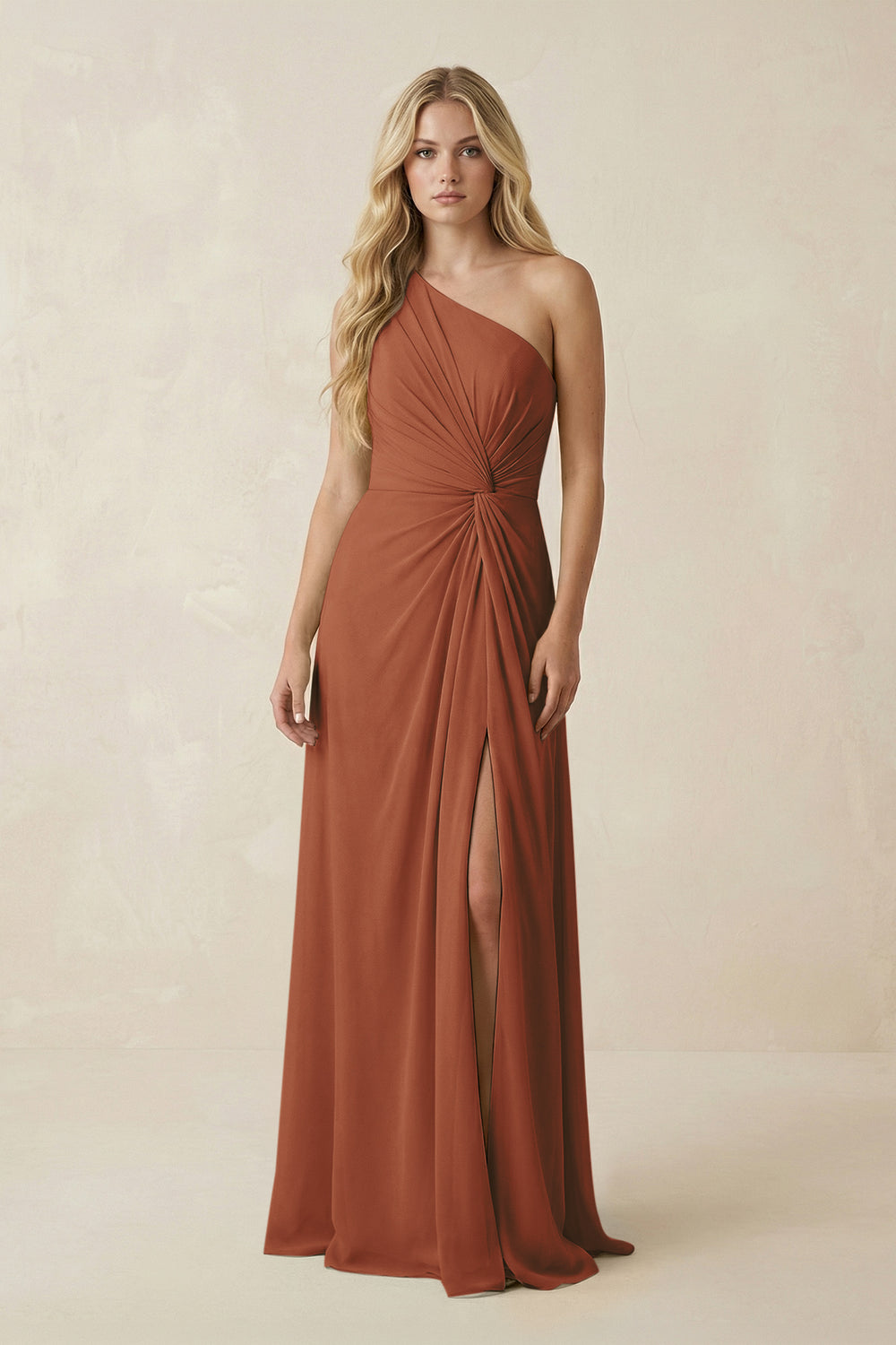 One-Shoulder Ruched A-Line Chiffon Bridesmaid Dress in Terracotta