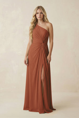 Terracotta One-Shoulder Ruched A-Line Chiffon Bridesmaid Dress | KISSBRIDAL