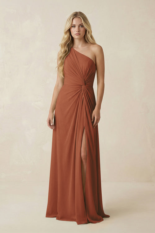 Terracotta One-Shoulder Ruched A-Line Chiffon Bridesmaid Dress | KISSBRIDAL