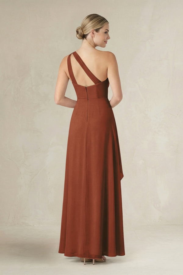 Terracotta One-Shoulder Sheath Ruched Ruffled Bridesmaid Dress in Terracotta (2) | KISSBRIDAL