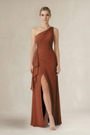 Terracotta One-Shoulder Sheath Ruched Ruffled Bridesmaid Dress in Terracotta | KISSBRIDAL